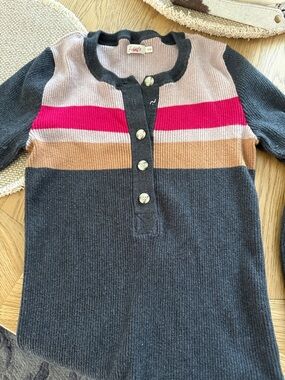 Faherty women’s Striped Henley Sweater - Charcoal, Pink & Tan